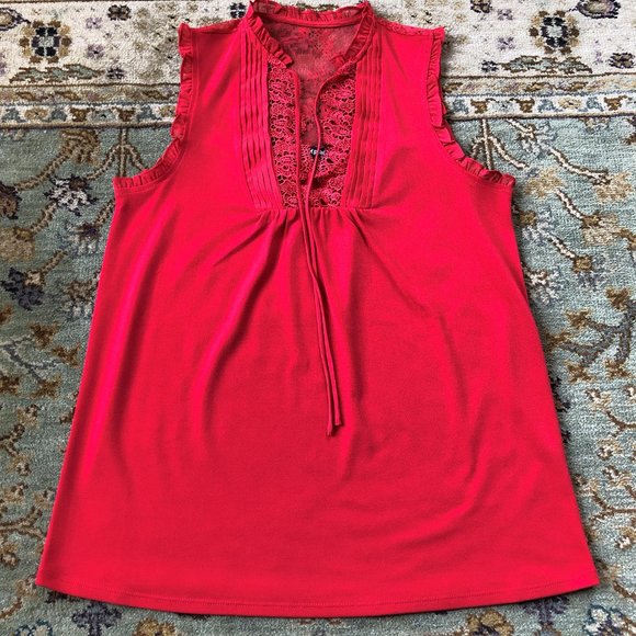 Vivid Red Lace Bib-Front Flowy & Drapey Blouse XS - Picture 8 of 16